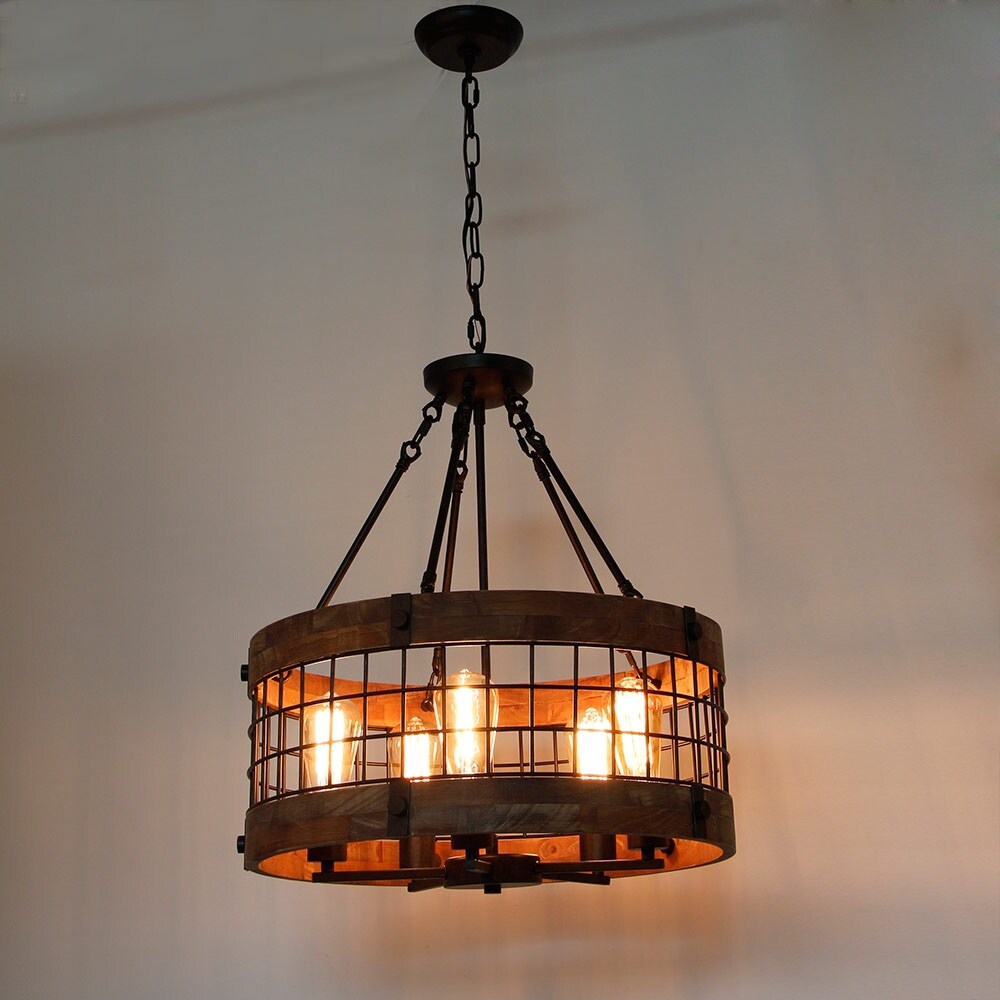 Anmytek Modern Farmhouse 5-Light Wooden Drum Chandeliers Round Metal Pendant Lights for Dining Room
