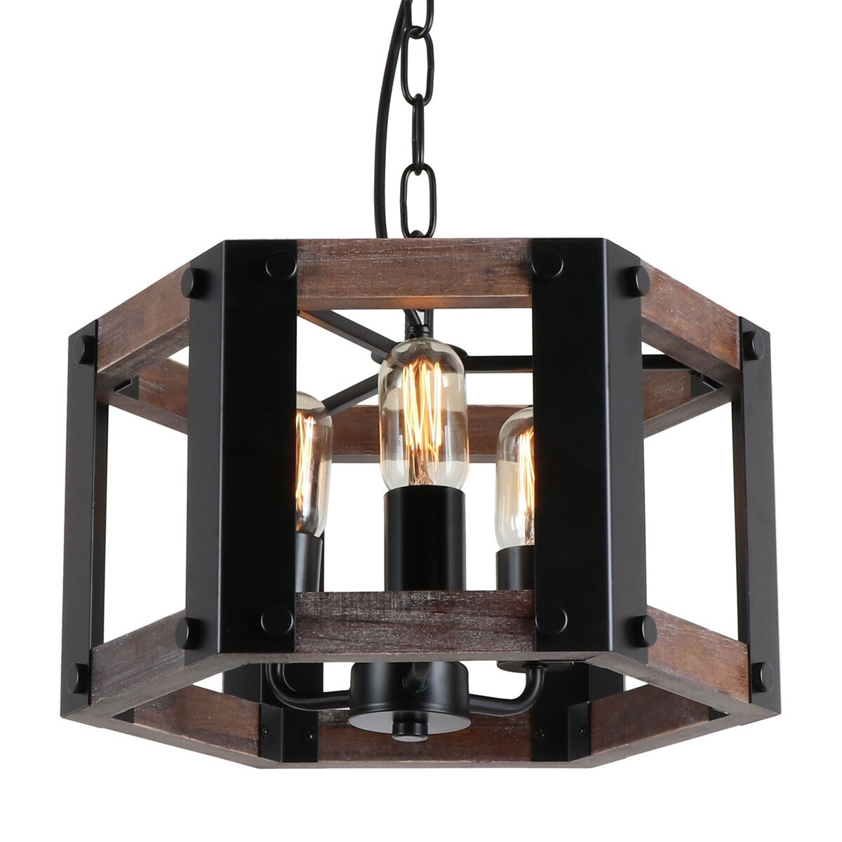 Anmytek Round Wood Farmhouse Chandelier Drum-Shape Dining Room Rustic Island Ceiling Pendant Lighting Fixture
