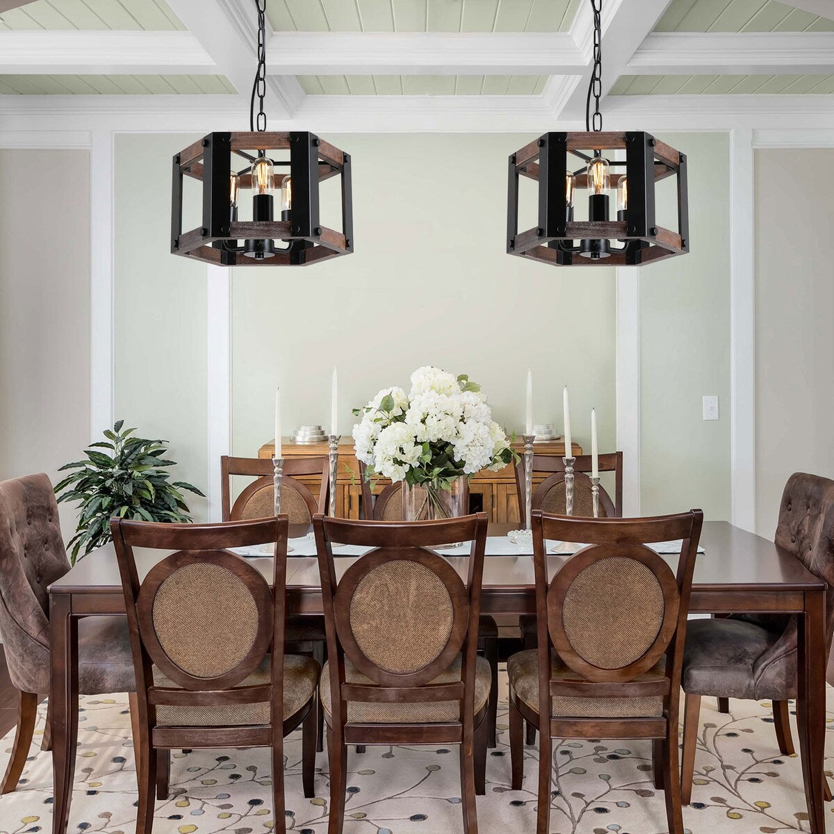 Anmytek Round Wood Farmhouse Chandelier Drum-Shape Dining Room Rustic Island Ceiling Pendant Lighting Fixture
