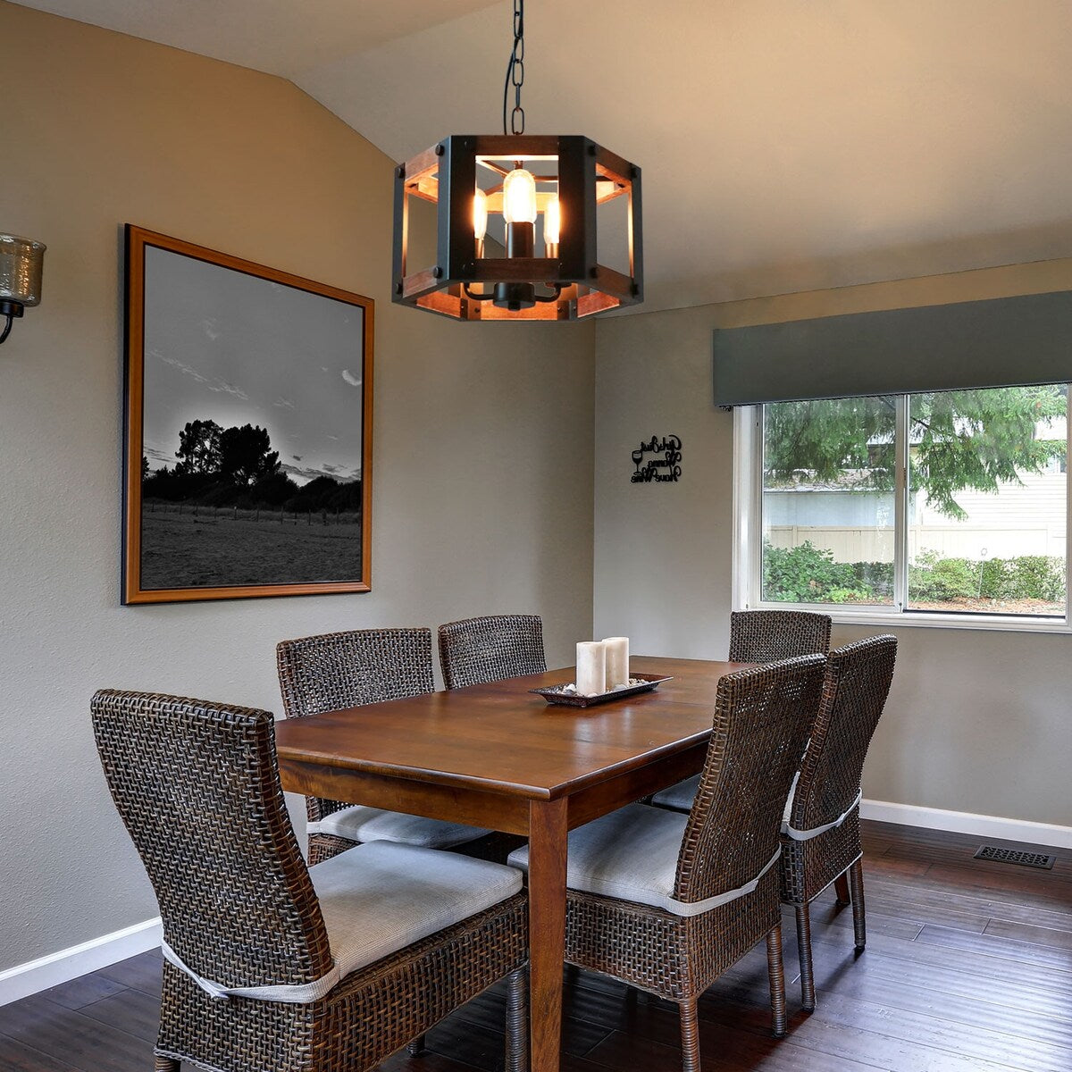 Anmytek Round Wood Farmhouse Chandelier Drum-Shape Dining Room Rustic Island Ceiling Pendant Lighting Fixture