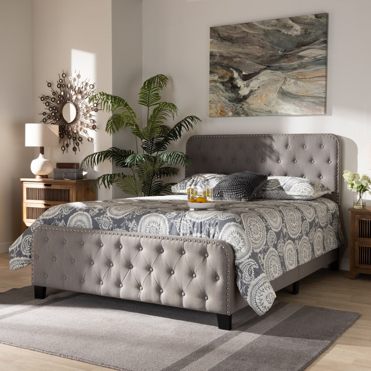 Annalisa Modern Transitional Grey Fabric Upholstered Button Tufted King Size Panel Bed