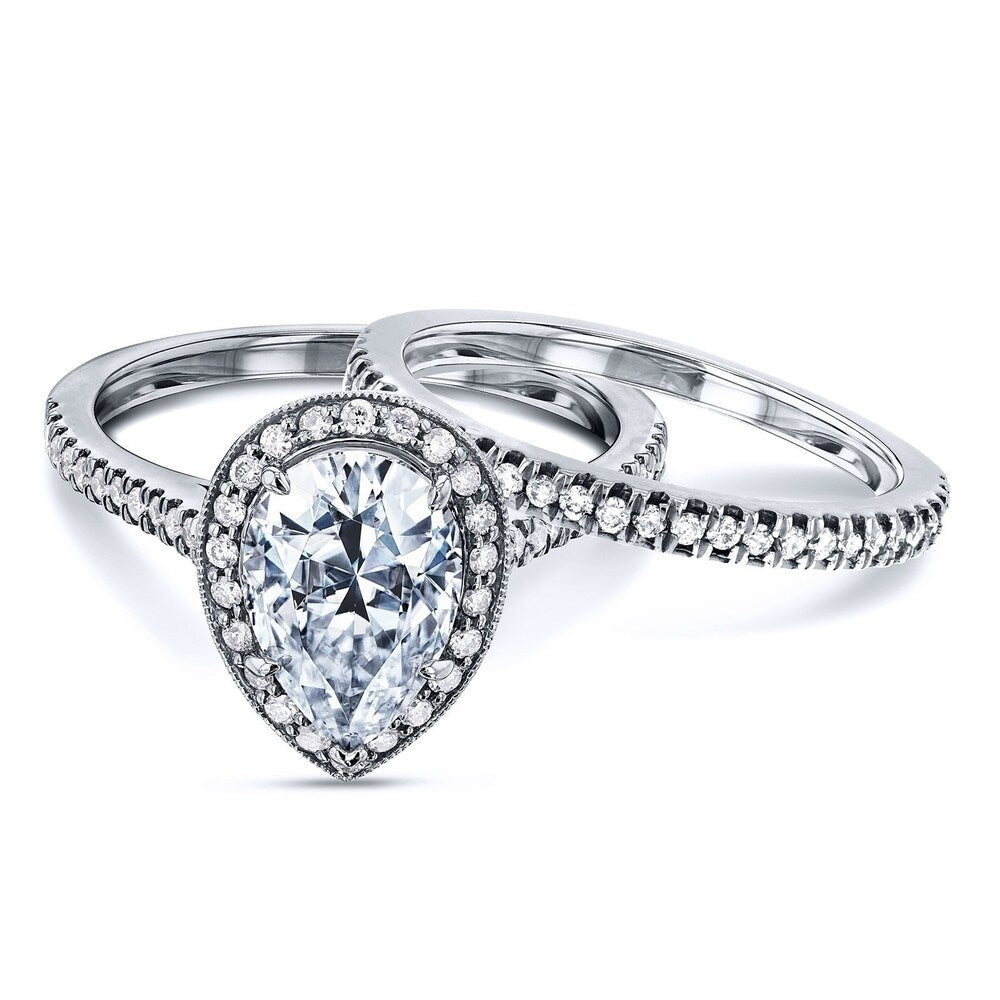 Annello by Kobelli 14k Gold 2 3/5ct TGW Charles and Colvard Forever One Pear Moissanite and Round Diamond Halo Bridal Rings Set