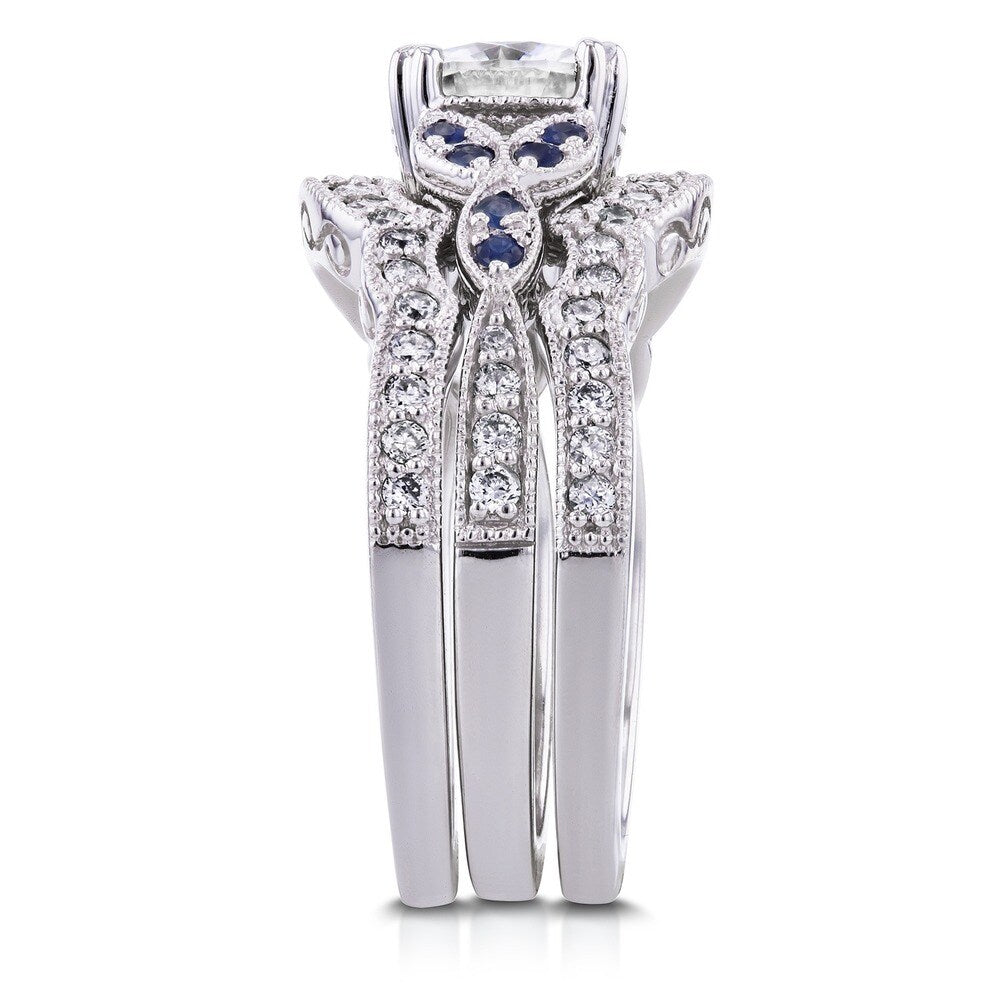 Annello by Kobelli 14k White Gold 1 1/2ct TDW Diamond and Blue Sapphire Vintage Floral 3-Piece Bridal Set (H-I,