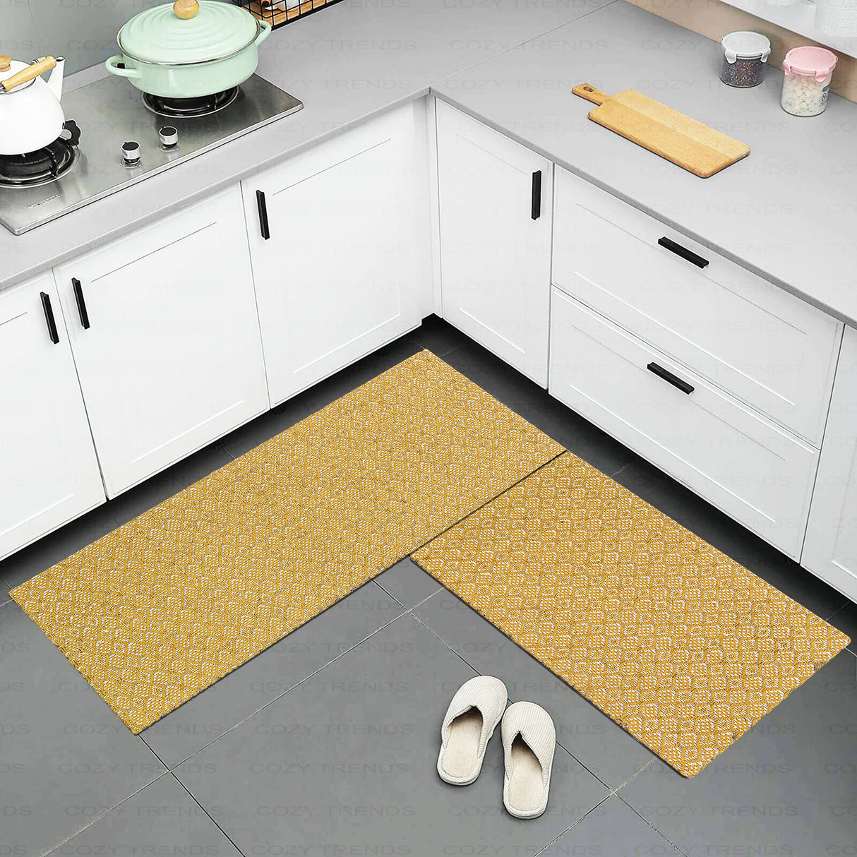 Anti-Fatigue Standing Cushioned Kitchen Bath Mats [Set of 2] Cotton Hand Woven Waterproof Non-Slip-Office, Sink, Laundry