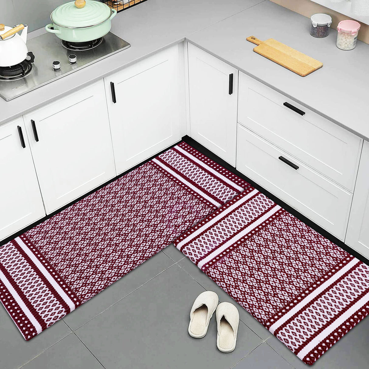 Anti-Fatigue Standing Cushioned Kitchen Bath Mats [Set of 2] Woven Cotton | Waterproof | Non-Slip | for Office, Sink, Laundry