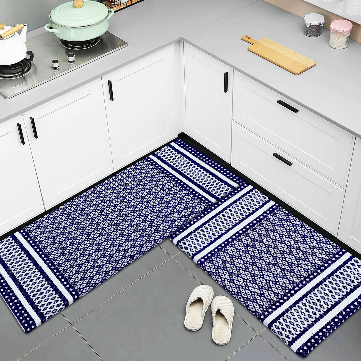Anti-Fatigue Standing Cushioned Kitchen Bath Mats [Set of 2] Woven Cotton | Waterproof | Non-Slip | for Office, Sink, Laundry