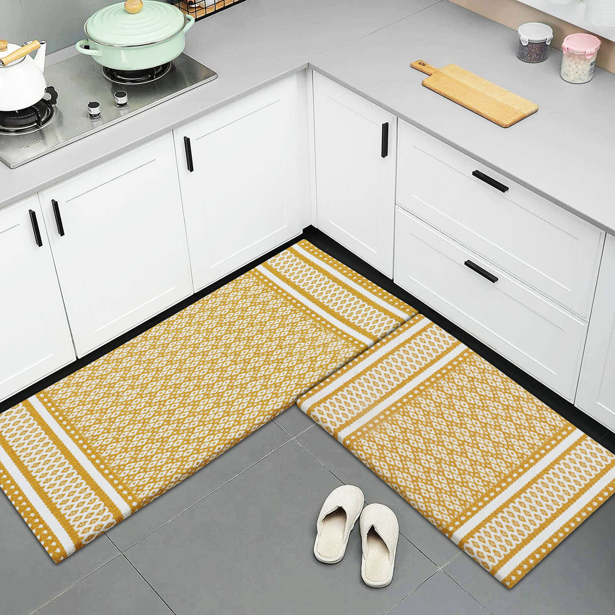 Anti-Fatigue Standing Cushioned Kitchen Bath Mats [Set of 2] Woven Cotton | Waterproof | Non-Slip | for Office, Sink, Laundry