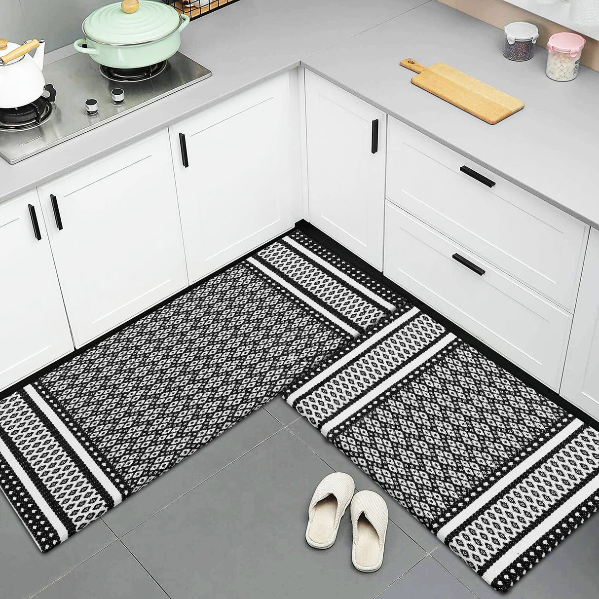 Anti-Fatigue Standing Cushioned Kitchen Bath Mats [Set of 2] Woven Cotton | Waterproof | Non-Slip | for Office, Sink, Laundry