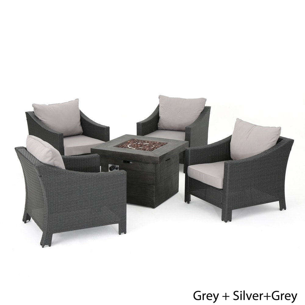 Antibes Outdoor 5-piece Wicker Club Chair Set with Square Firepit by Christopher Knight Home
