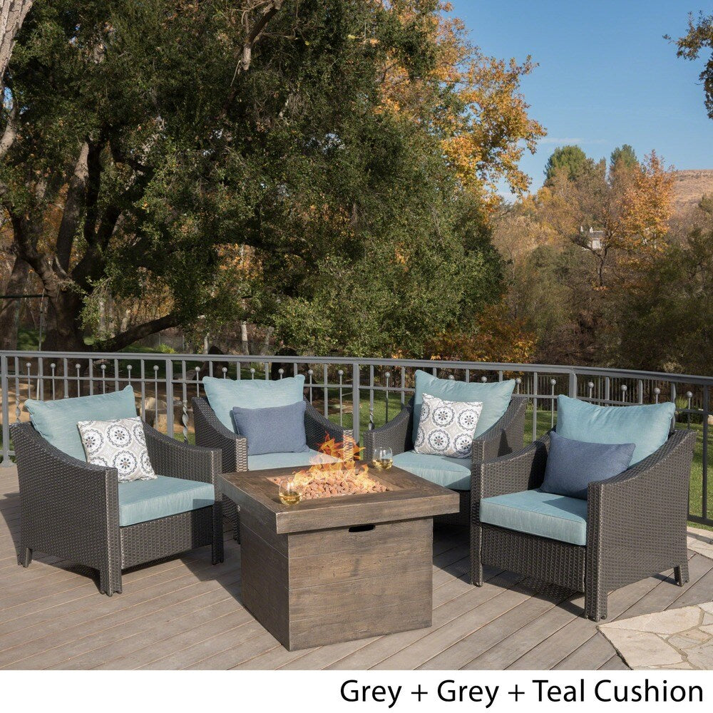Antibes Outdoor 5-piece Wicker Club Chair Set with Square Firepit by Christopher Knight Home