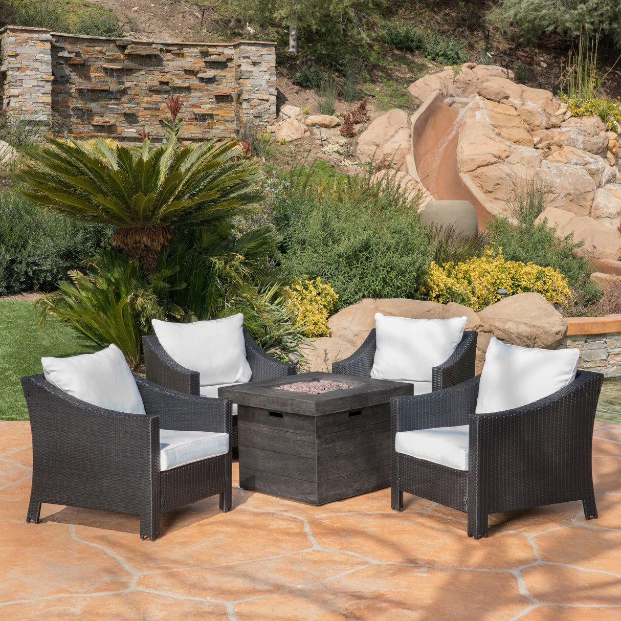 Antibes Outdoor 5-piece Wicker Club Chair Set with Square Firepit by Christopher Knight Home