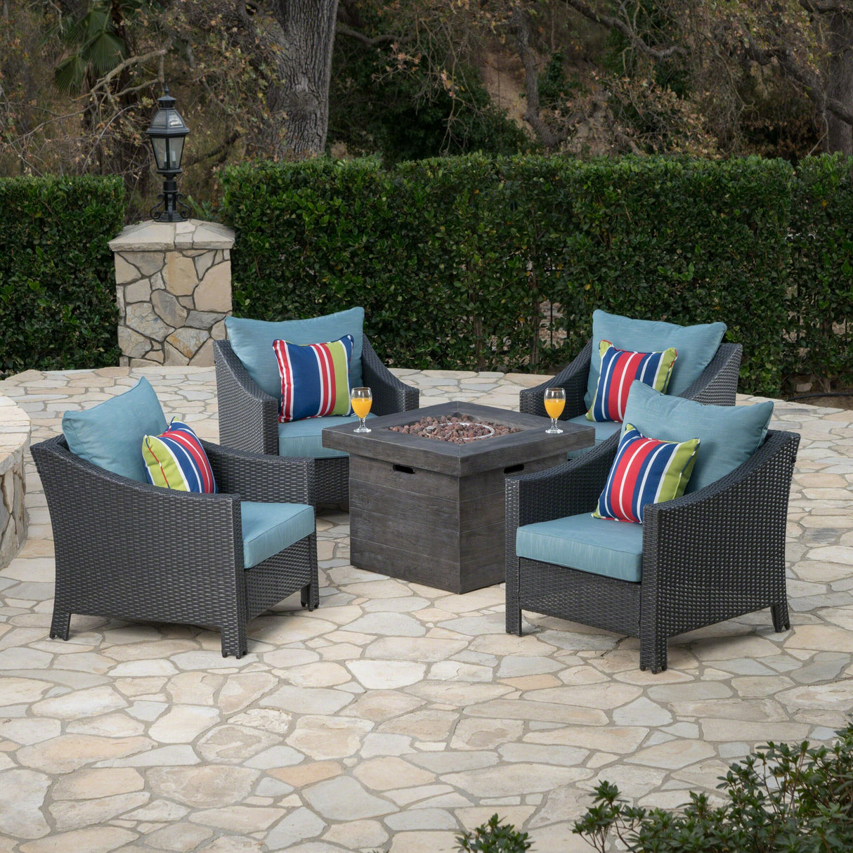 Antibes Outdoor 5-piece Wicker Club Chair Set with Square Firepit by Christopher Knight Home