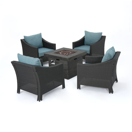 Antibes Outdoor 5-piece Wicker Club Chair Set with Square Firepit by Christopher Knight Home