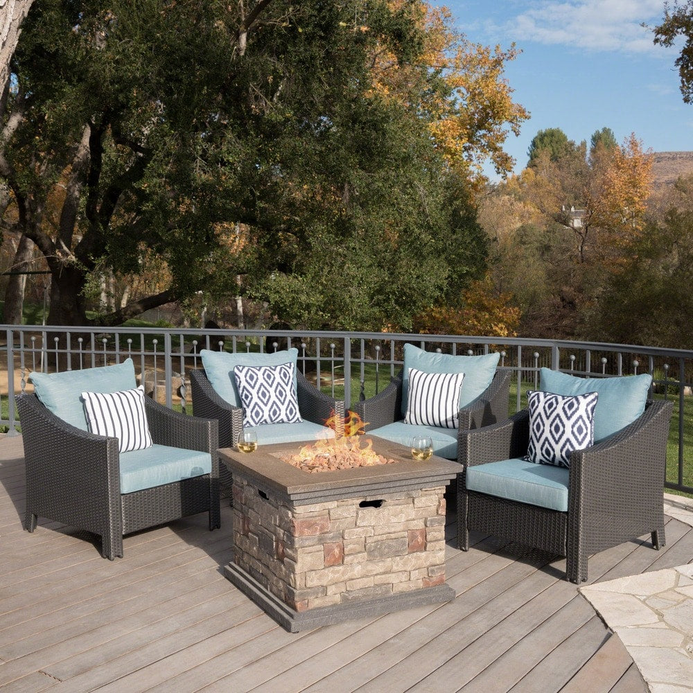 Antibes Outdoor 5-piece Wicker Club Chair Set with Square Stone Firepit by Christopher Knight Home
