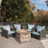 Antibes Outdoor 5-piece Wicker Club Chair Set with Square Stone Firepit by Christopher Knight Home