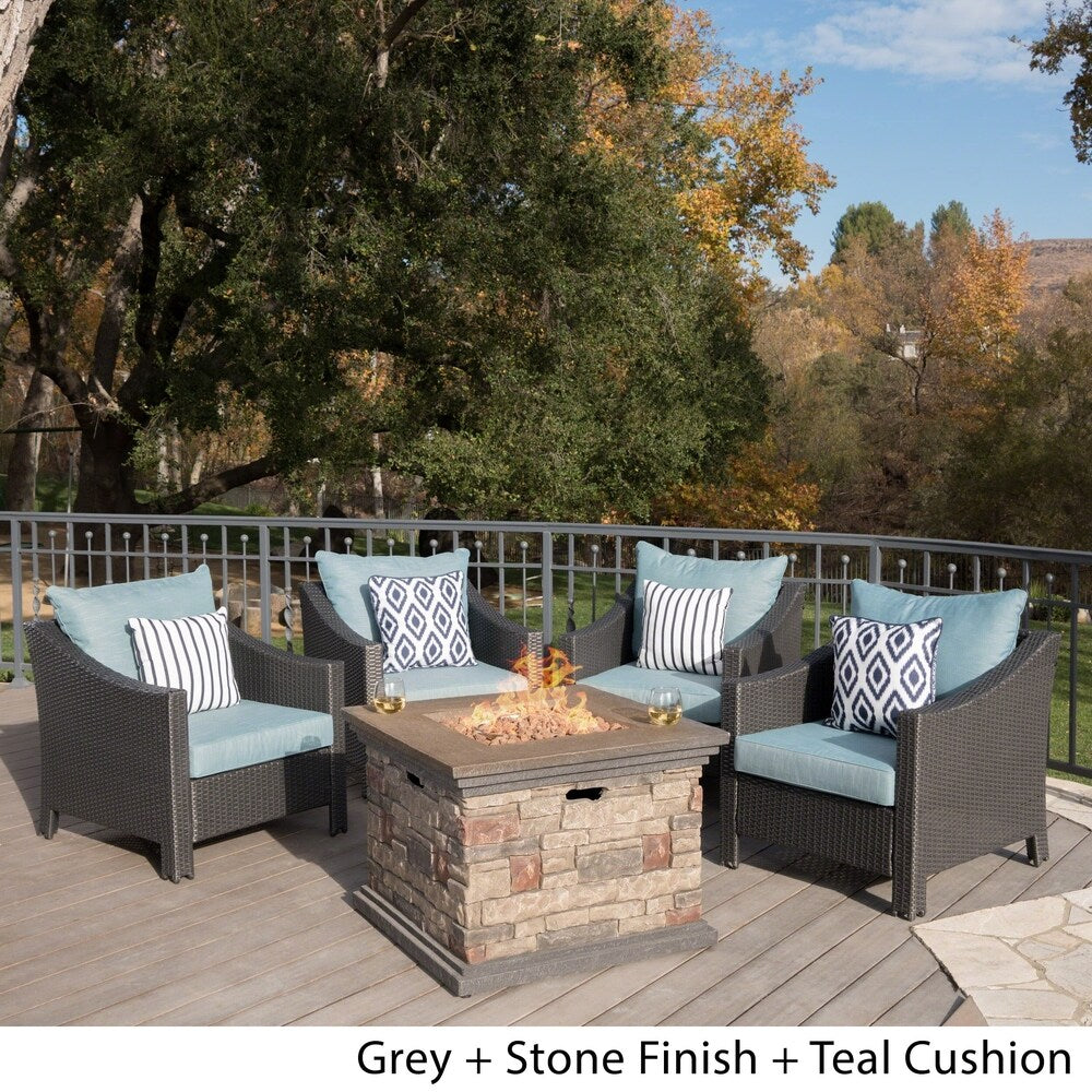 Antibes Outdoor 5-piece Wicker Club Chair Set with Square Stone Firepit by Christopher Knight Home