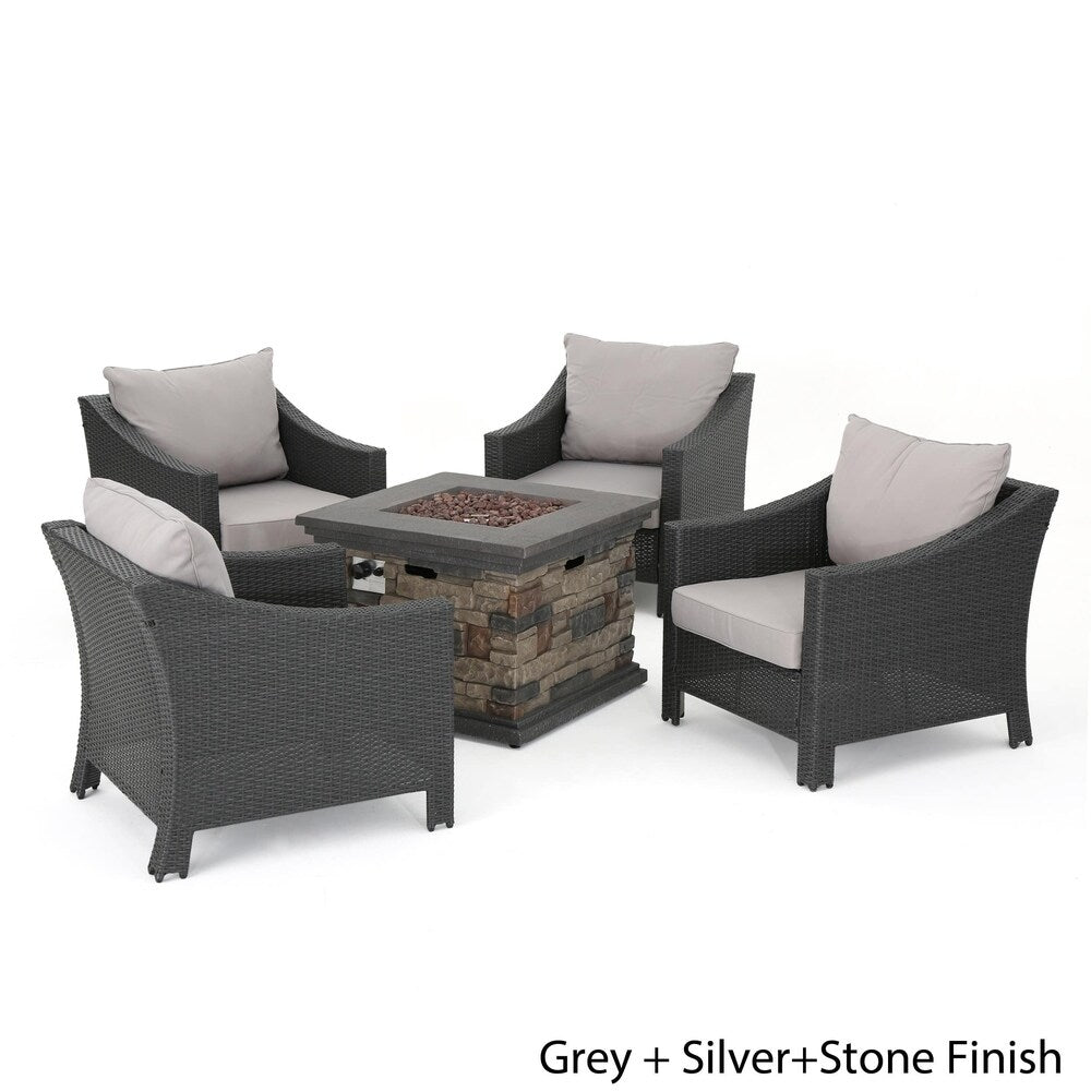 Antibes Outdoor 5-piece Wicker Club Chair Set with Square Stone Firepit by Christopher Knight Home