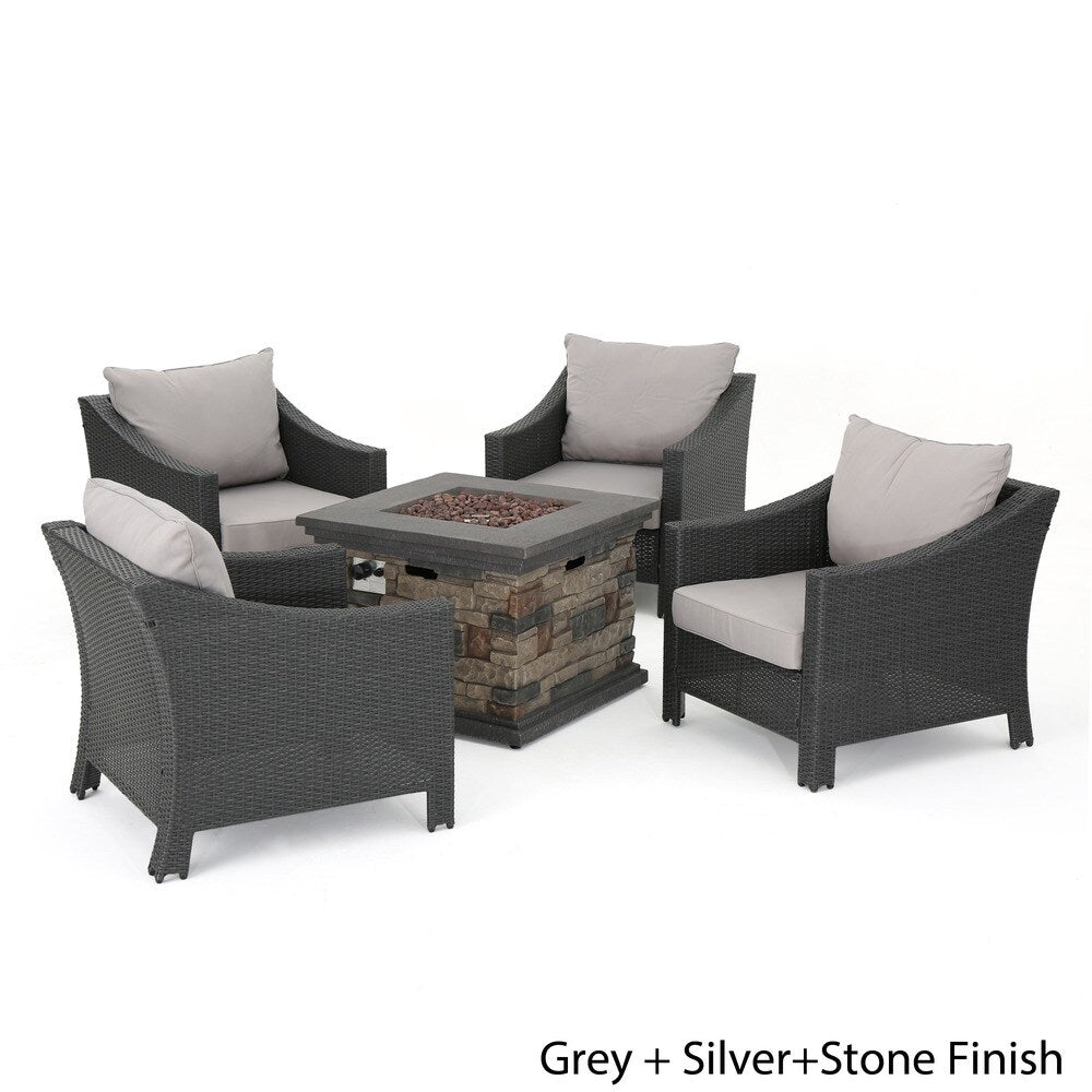Antibes Outdoor 5-piece Wicker Club Chair Set with Square Stone Firepit by Christopher Knight Home