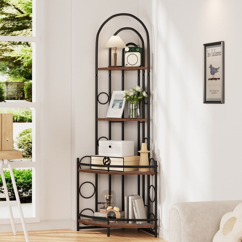 Antique Brown 4-Tier Corner Bookshelf, Modern Style, Plant Stand with Metal Frame