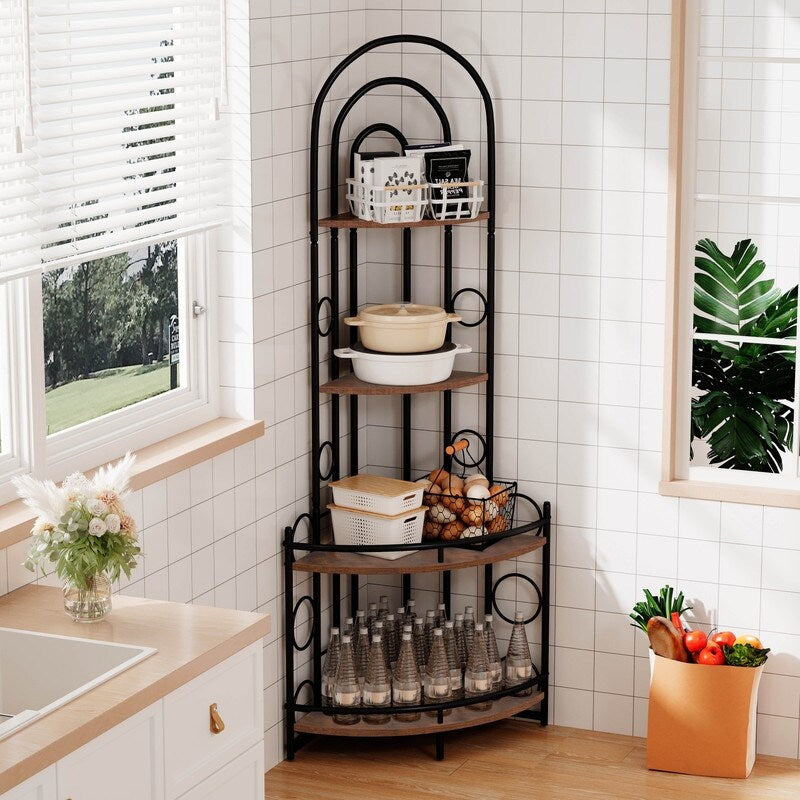 Antique Brown 4-Tier Corner Bookshelf, Modern Style, Plant Stand with Metal Frame