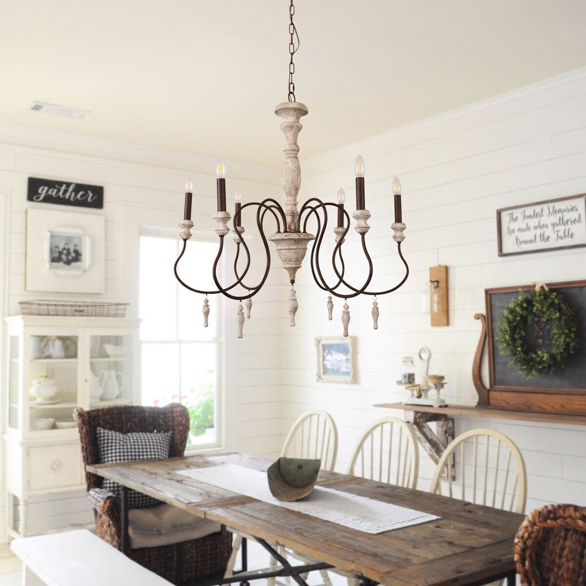 Antique Chandelier Chic 6-Light with Small Drops, Candle Shaped Wood Light for Dining Room Bathroom and Bedroom - 32.4"