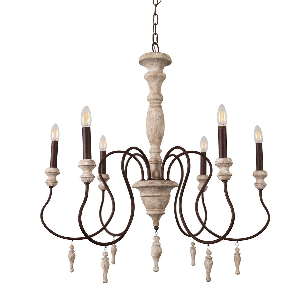 Antique Chandelier Chic 6-Light with Small Drops, Candle Shaped Wood Light for Dining Room Bathroom and Bedroom - 32.4"