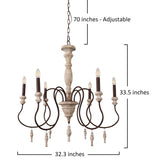 Antique Chandelier Chic 6-Light with Small Drops, Candle Shaped Wood Light for Dining Room Bathroom and Bedroom - 32.4"