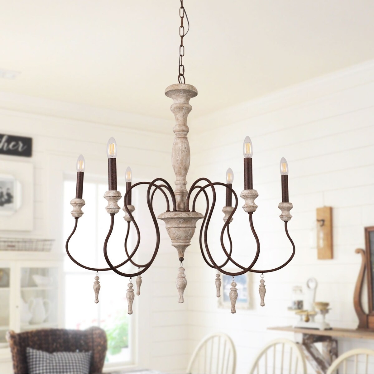 Antique Chandelier Chic 6-Light with Small Drops, Candle Shaped Wood Light for Dining Room Bathroom and Bedroom - 32.4"