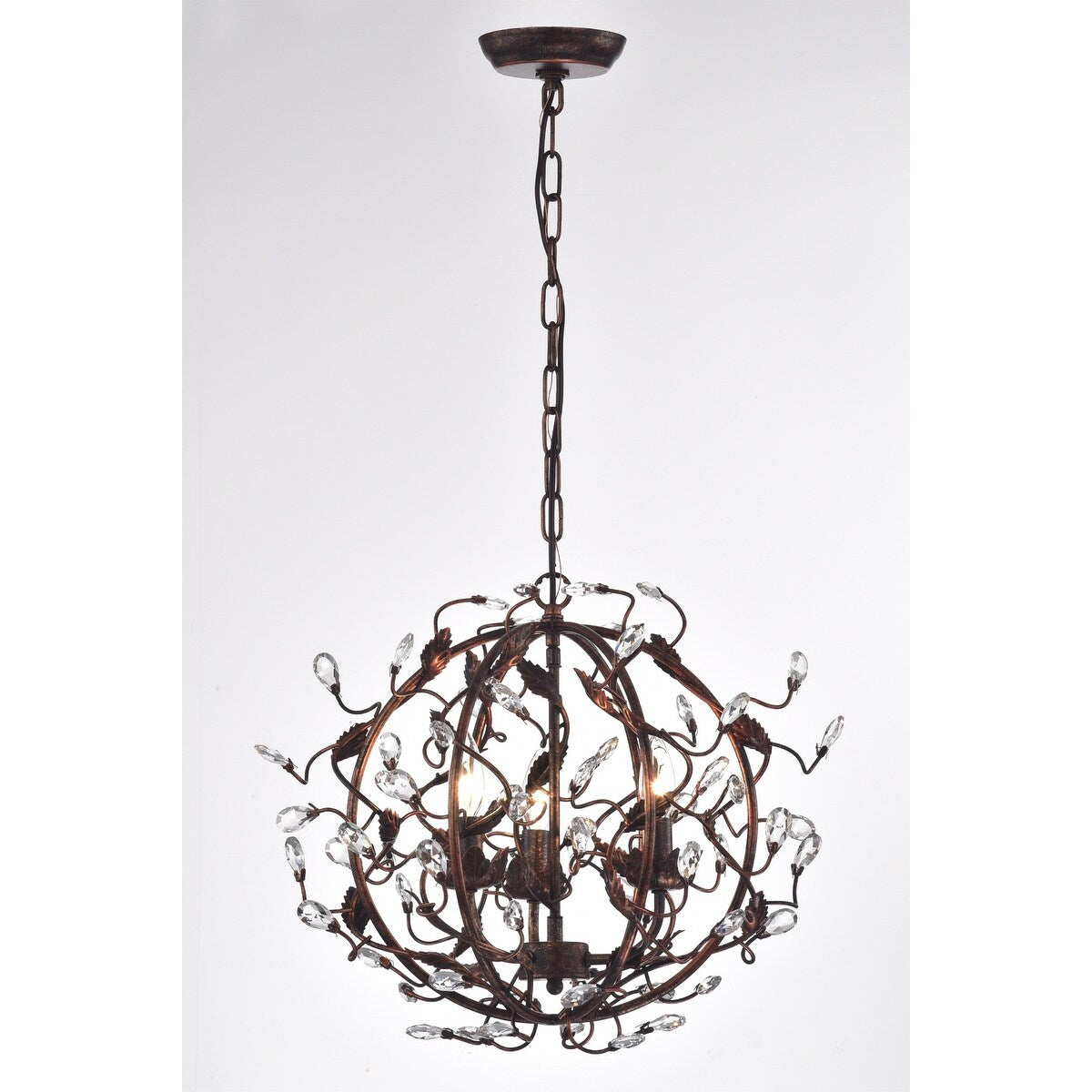 Antique Copper 3-Light Globe Chandelier with Vines and Crystals