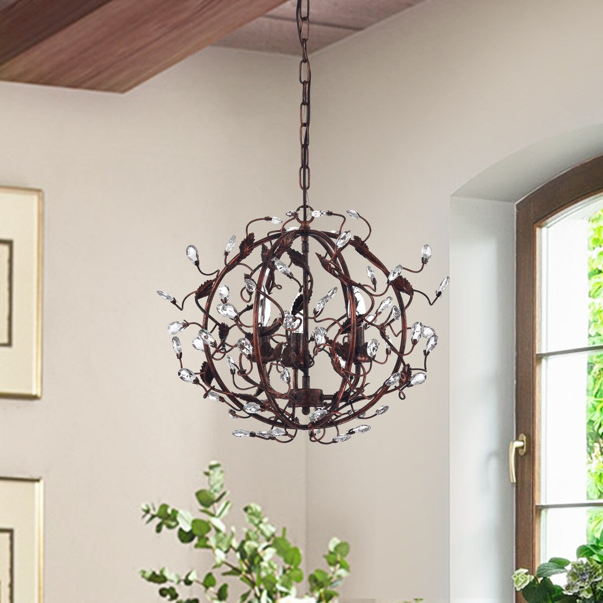 Antique Copper 3-Light Globe Chandelier with Vines and Crystals