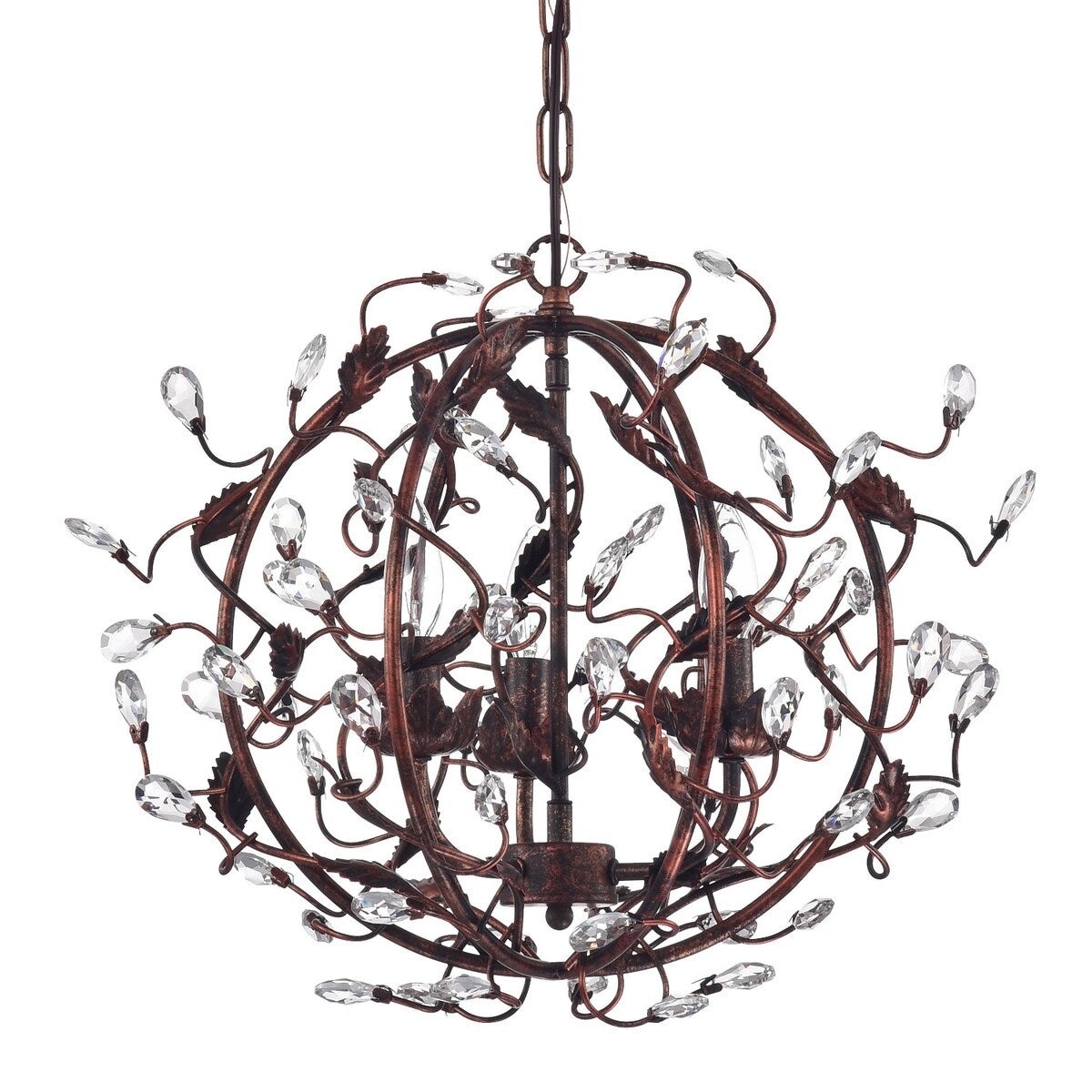 Antique Copper 3-Light Globe Chandelier with Vines and Crystals