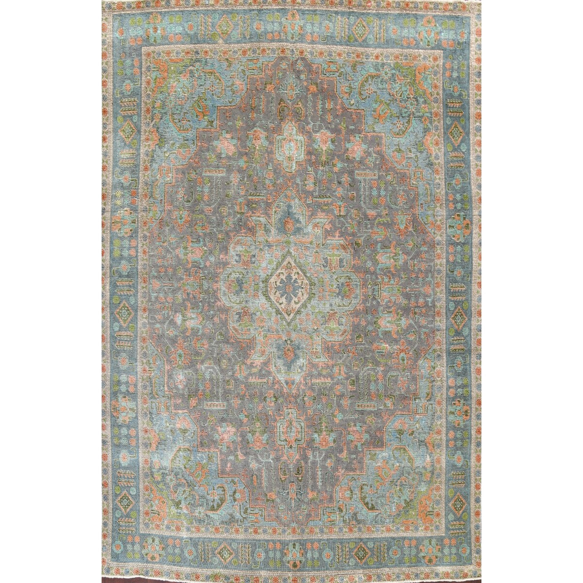 Antique Distressed Geometric Persian Tabriz Wool Area Rug Hand-knotted - 9'6" x 12'8"