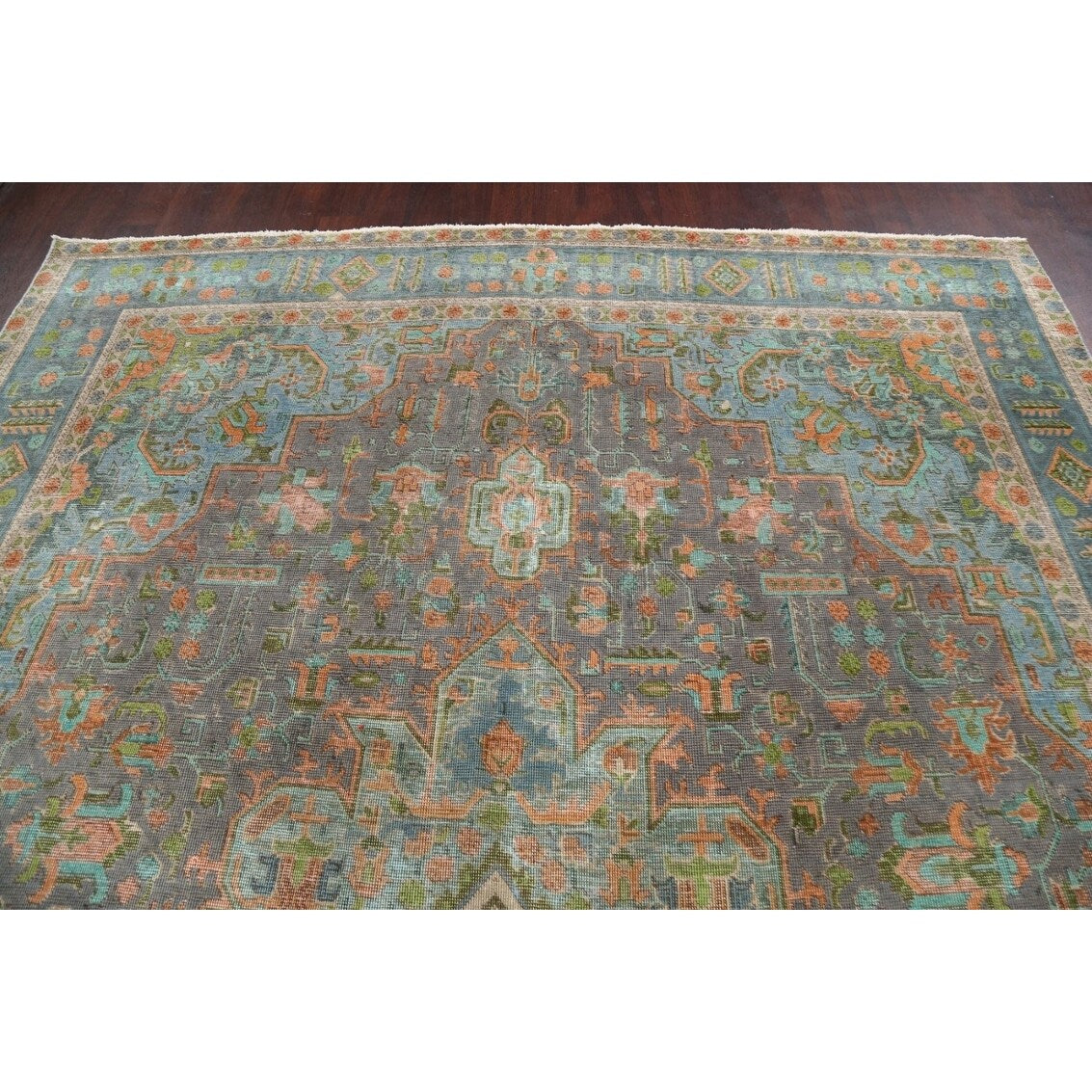 Antique Distressed Geometric Persian Tabriz Wool Area Rug Hand-knotted - 9'6" x 12'8"