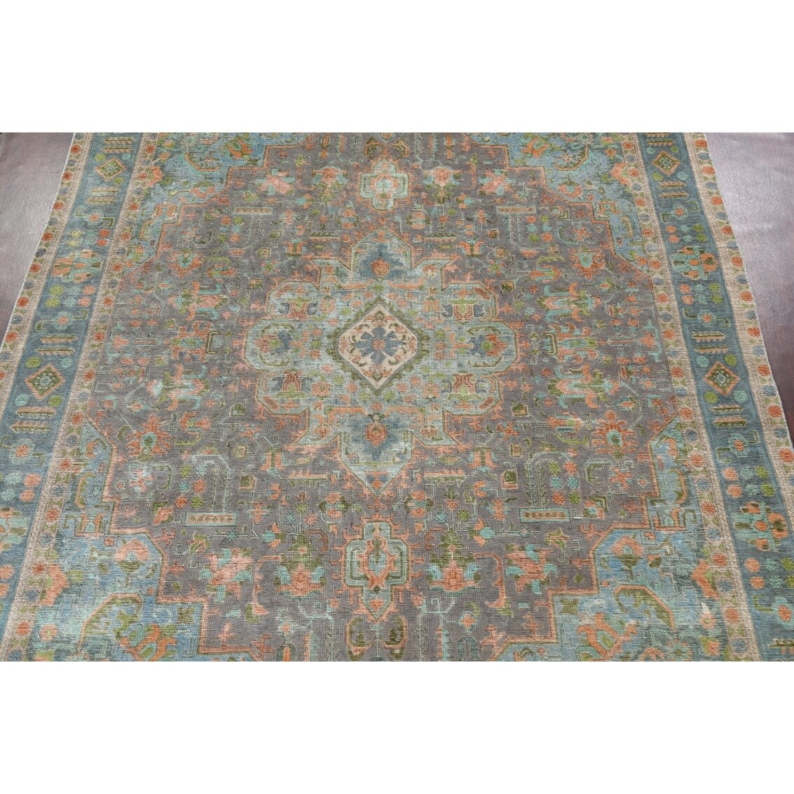 Antique Distressed Geometric Persian Tabriz Wool Area Rug Hand-knotted - 9'6" x 12'8"