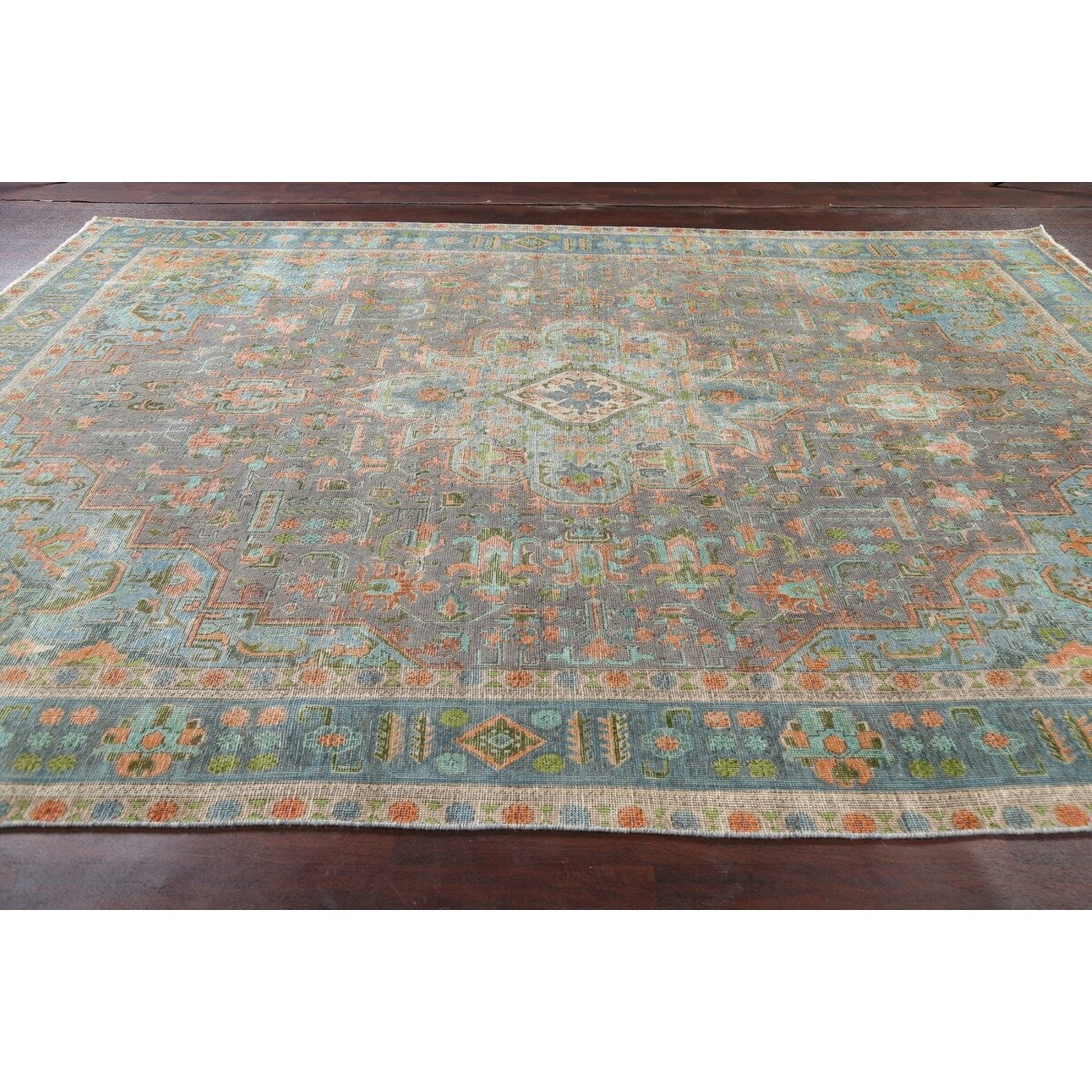 Antique Distressed Geometric Persian Tabriz Wool Area Rug Hand-knotted - 9'6" x 12'8"