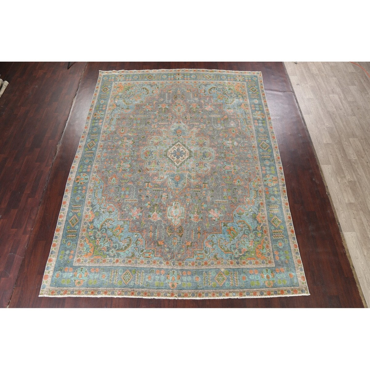 Antique Distressed Geometric Persian Tabriz Wool Area Rug Hand-knotted - 9'6" x 12'8"