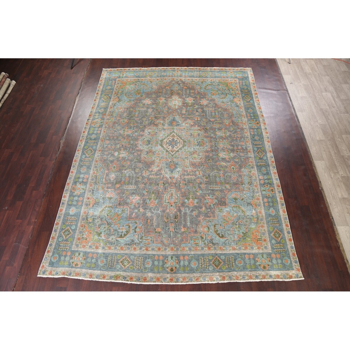 Antique Distressed Geometric Persian Tabriz Wool Area Rug Hand-knotted - 9'6" x 12'8"