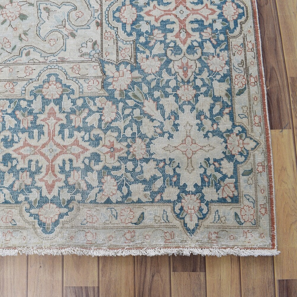 Antique Distressed Muted Floral Kerman Persian Area Rug Handmade - 9'7" x 13'1"