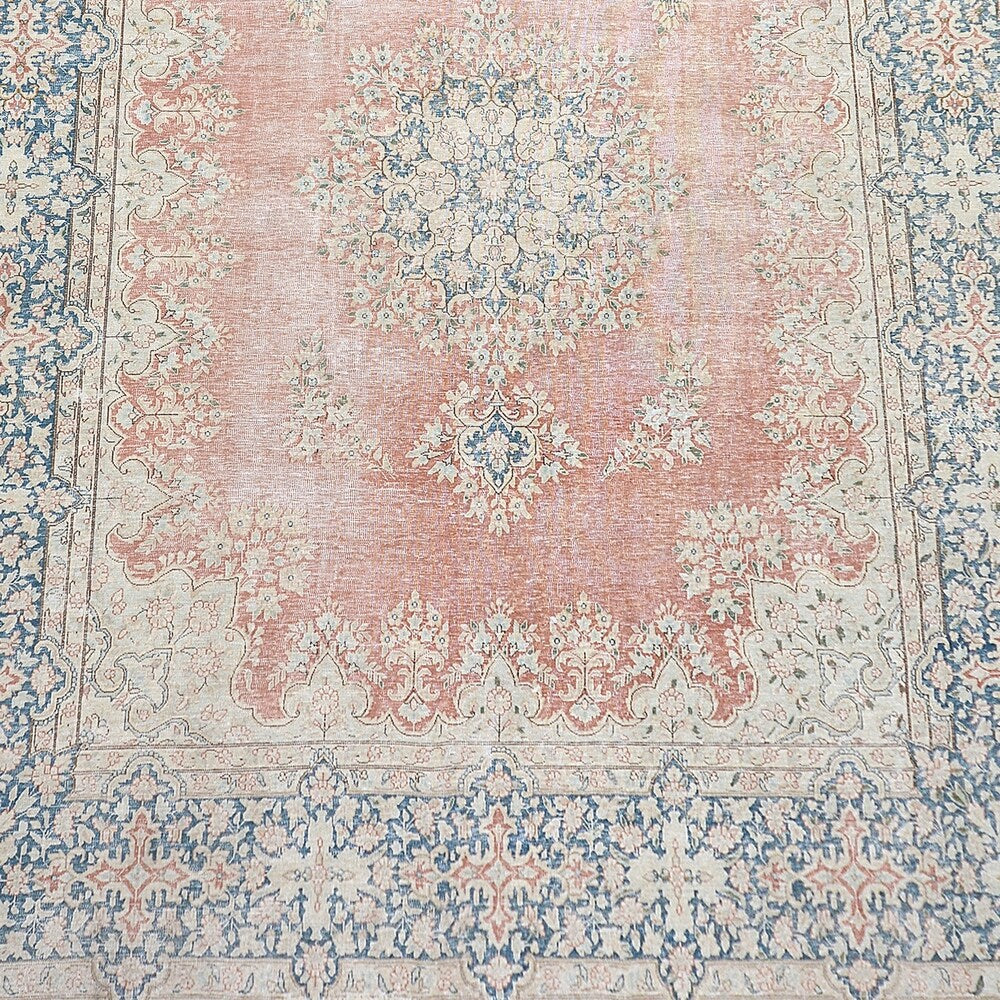 Antique Distressed Muted Floral Kerman Persian Area Rug Handmade - 9'7" x 13'1"