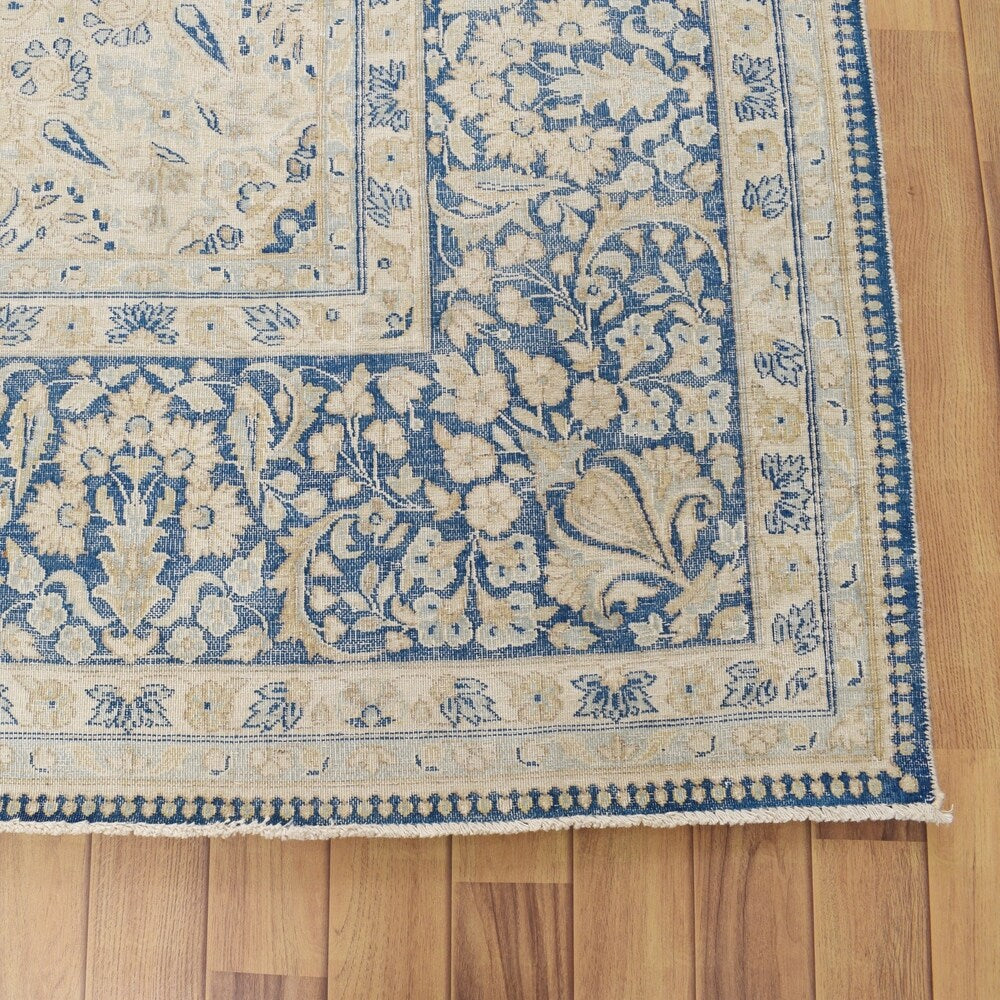 Antique Floral Open Field Kerman Persian Distressed Area Rug Handmade - 9'10" x 13'3"