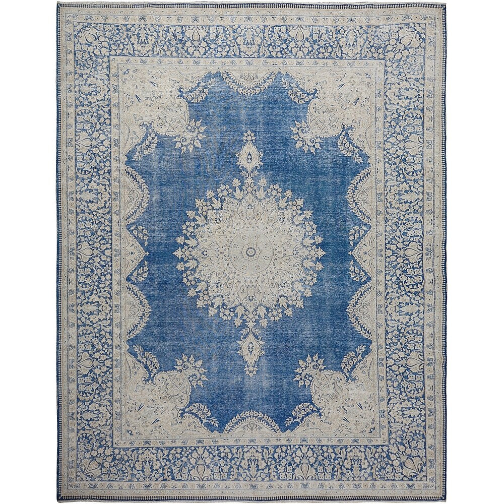 Antique Floral Open Field Kerman Persian Distressed Area Rug Handmade - 9'10" x 13'3"