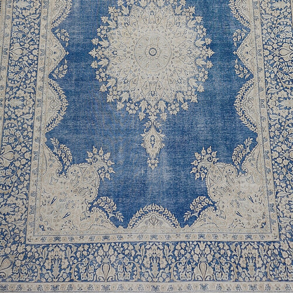 Antique Floral Open Field Kerman Persian Distressed Area Rug Handmade - 9'10" x 13'3"