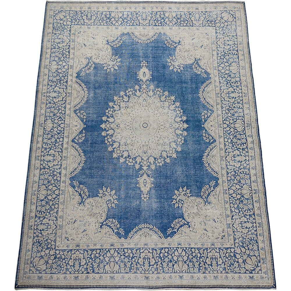 Antique Floral Open Field Kerman Persian Distressed Area Rug Handmade - 9'10" x 13'3"