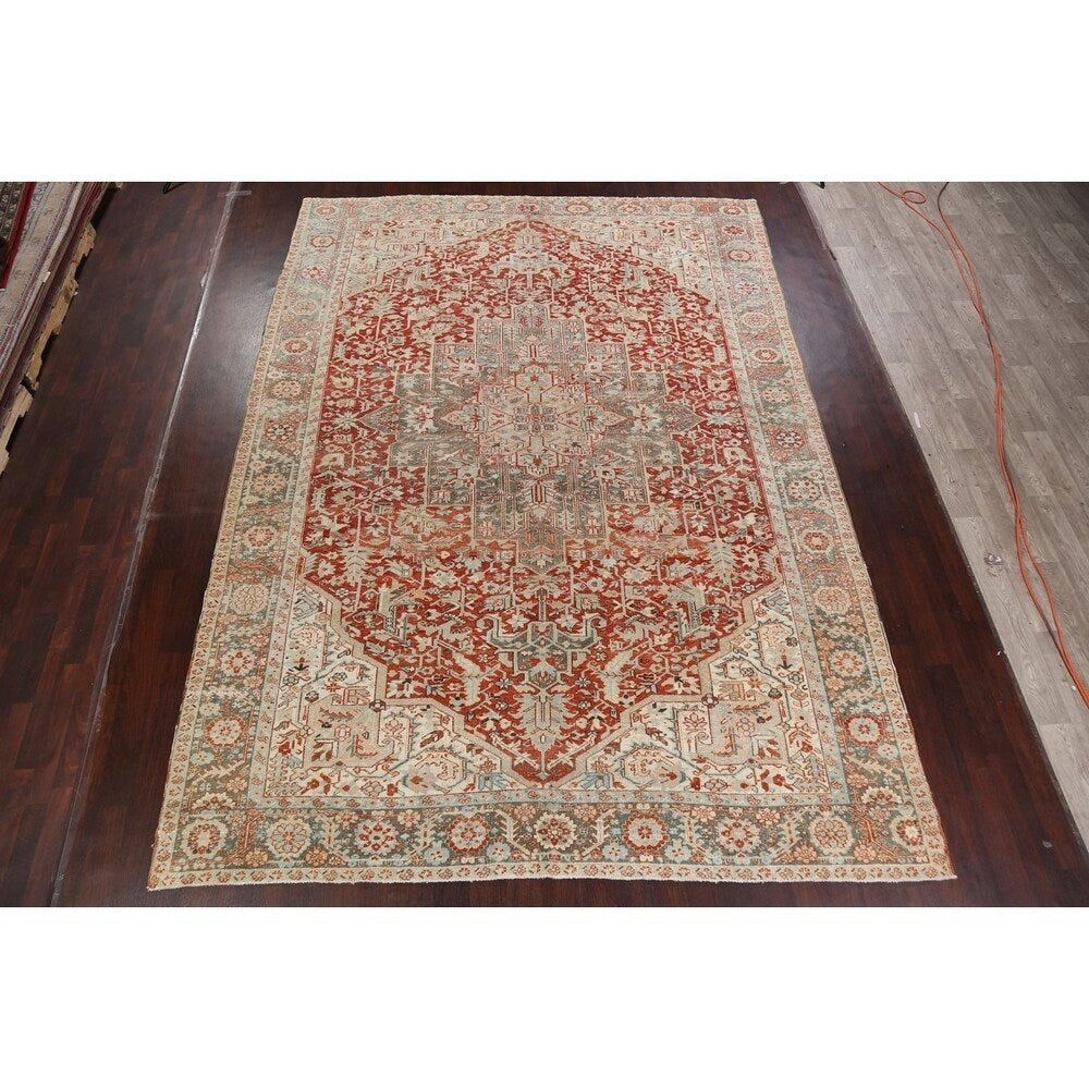 Antique Geometric Heriz Persian Area Rug Handmade Red Wool Carpet - 9'5" x 13'0"