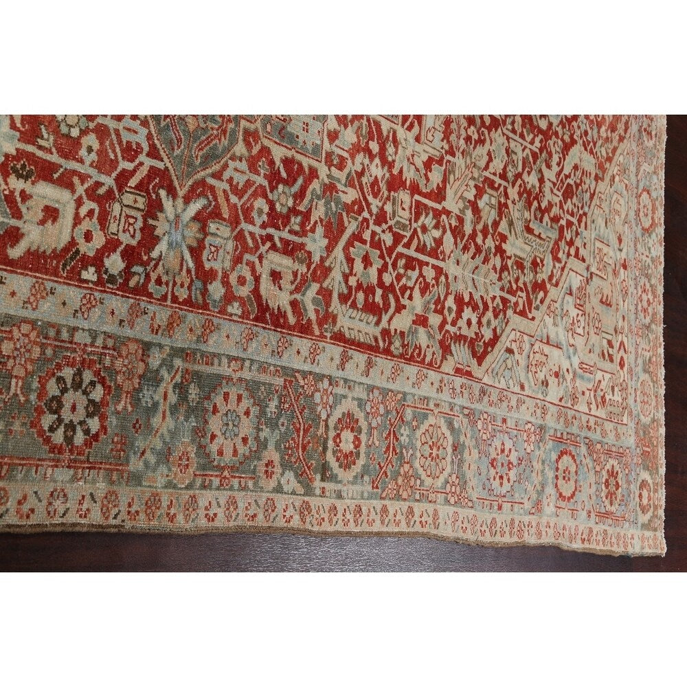 Antique Geometric Heriz Persian Area Rug Handmade Red Wool Carpet - 9'5" x 13'0"