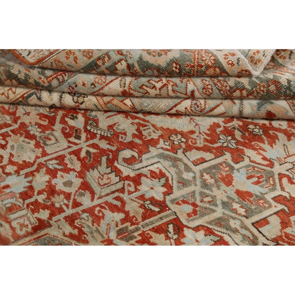 Antique Geometric Heriz Persian Area Rug Handmade Red Wool Carpet - 9'5" x 13'0"