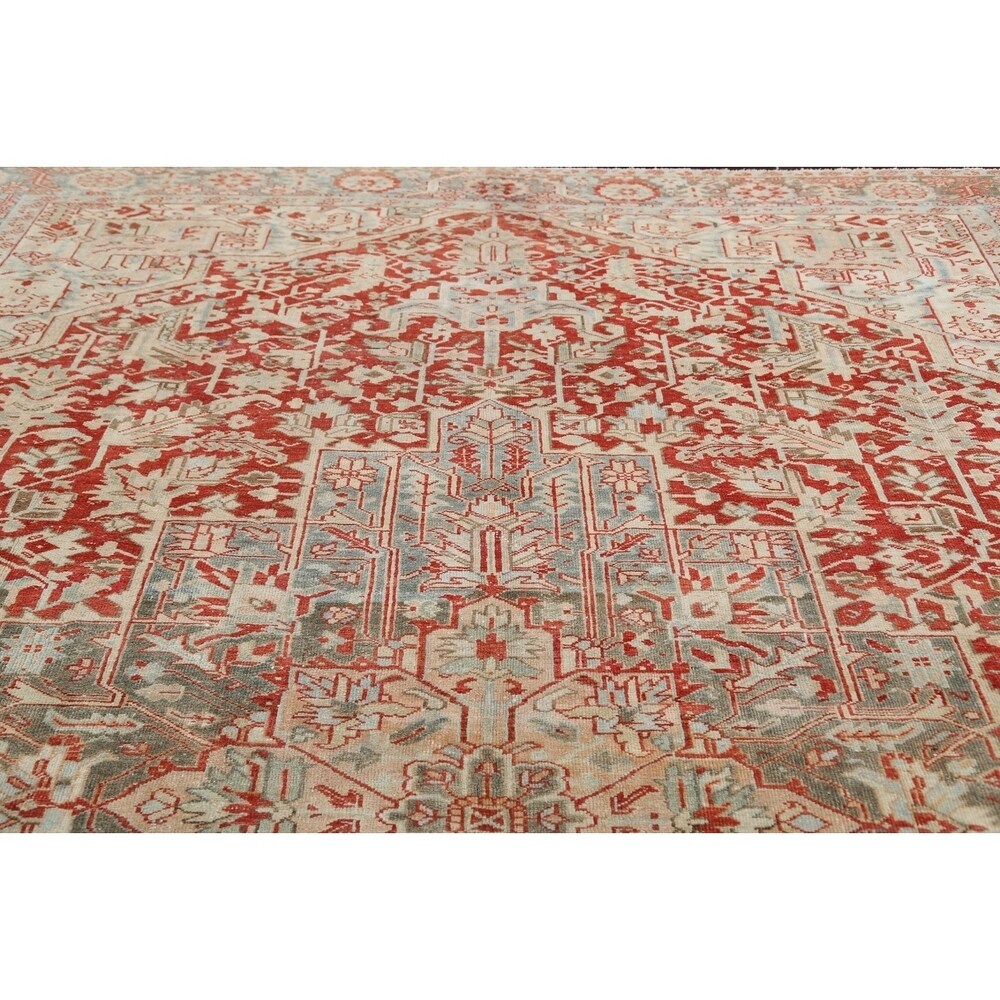 Antique Geometric Heriz Persian Area Rug Handmade Red Wool Carpet - 9'5" x 13'0"