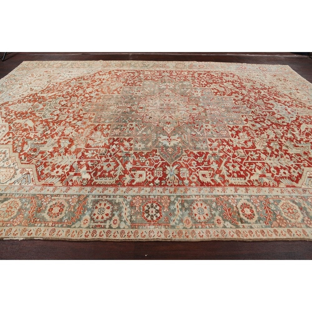 Antique Geometric Heriz Persian Area Rug Handmade Red Wool Carpet - 9'5" x 13'0"