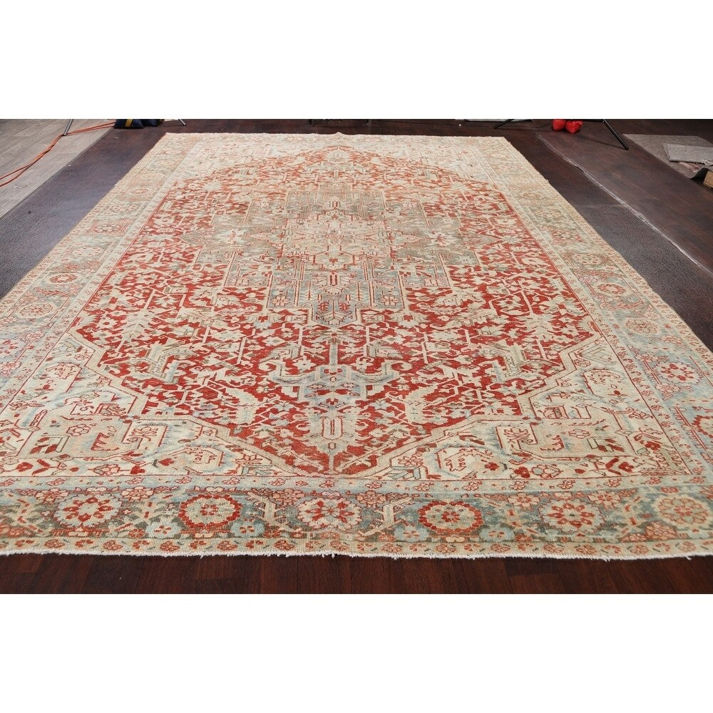 Antique Geometric Heriz Persian Area Rug Handmade Red Wool Carpet - 9'5" x 13'0"