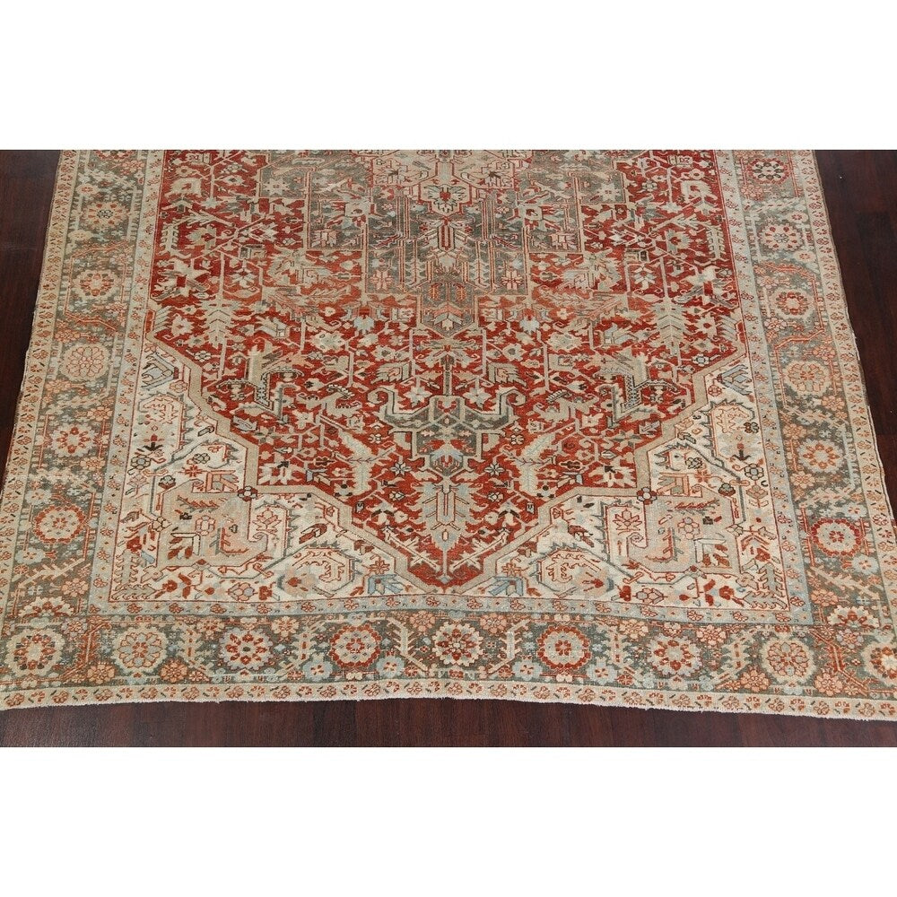 Antique Geometric Heriz Persian Area Rug Handmade Red Wool Carpet - 9'5" x 13'0"